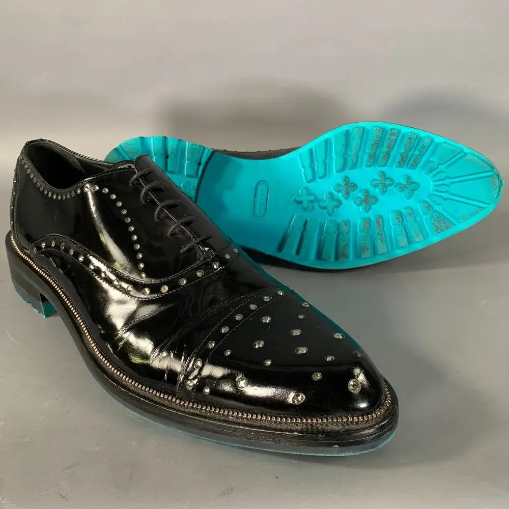 JOHN RICHMOND Size 11 Black Rhinestone Patent Leather Cap Toe Lace Up Shoes